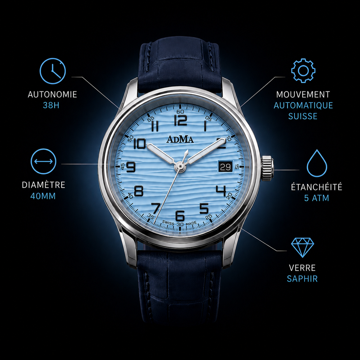 Caractéristiques de la montre ADMA Acqua Marina : mouvement automatique suisse, verre saphir, diamètre 40 mm, étanchéité 5 ATM, autonomie 38 heures